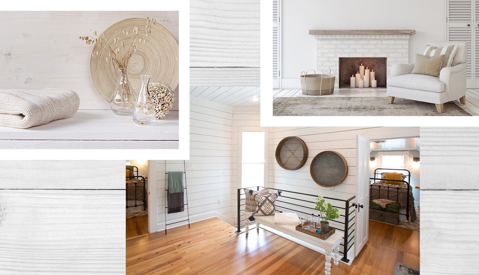 Modern farmhouse interior featuring neutral color palette, reclaimed wood accents, cozy textiles, and vintage decor elements, including a white brick fireplace, comfortable seating, and decorative glass vases.