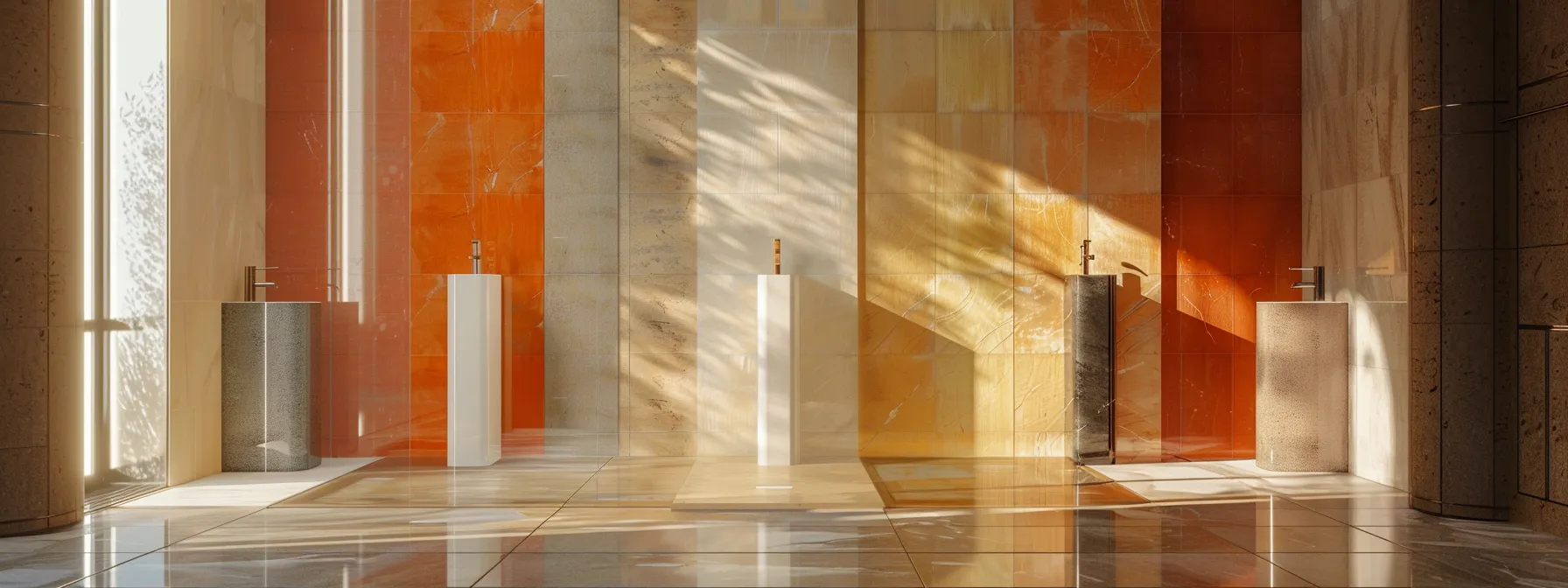 a sleek, modern bathroom with a variety of stylish and colorful tile options showcased on the walls and floor.