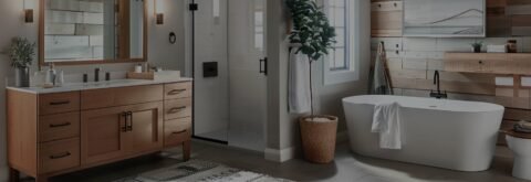 Luxurious bathroom design featuring a modern freestanding tub, wooden vanity with dual sinks, and elegant decor elements, showcasing Scanbuild's high-end remodeling expertise.