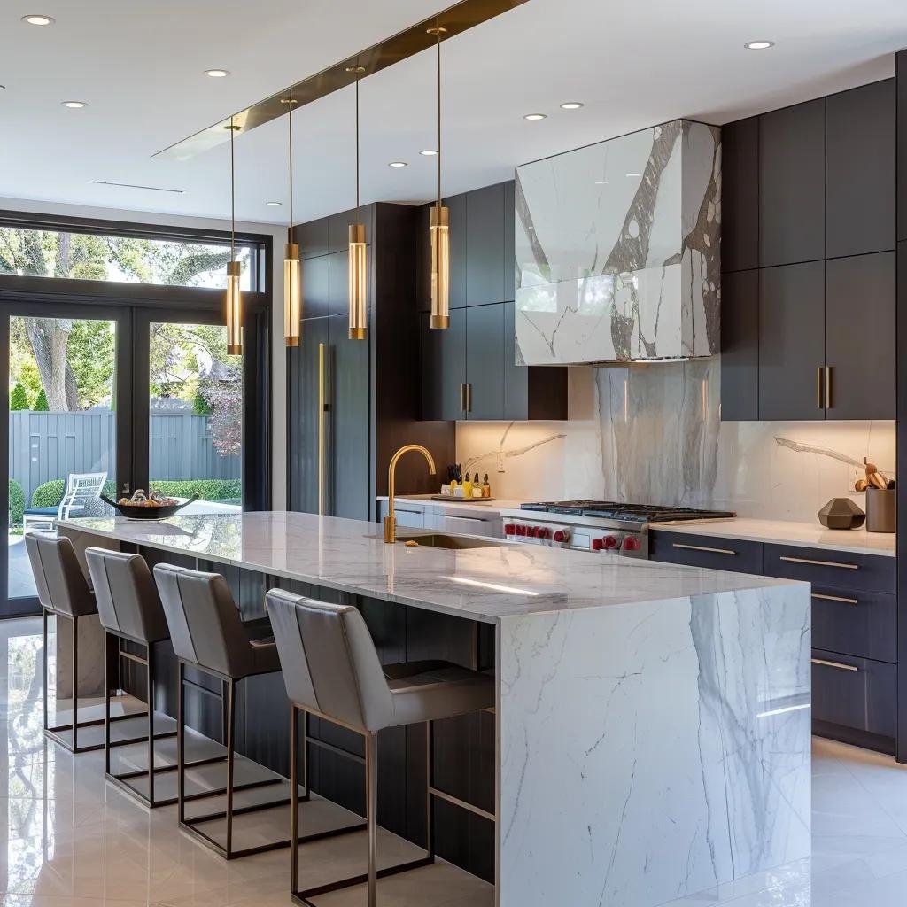 Modern kitchen with multi-functional island and vibrant colors showcasing luxury renovation trends