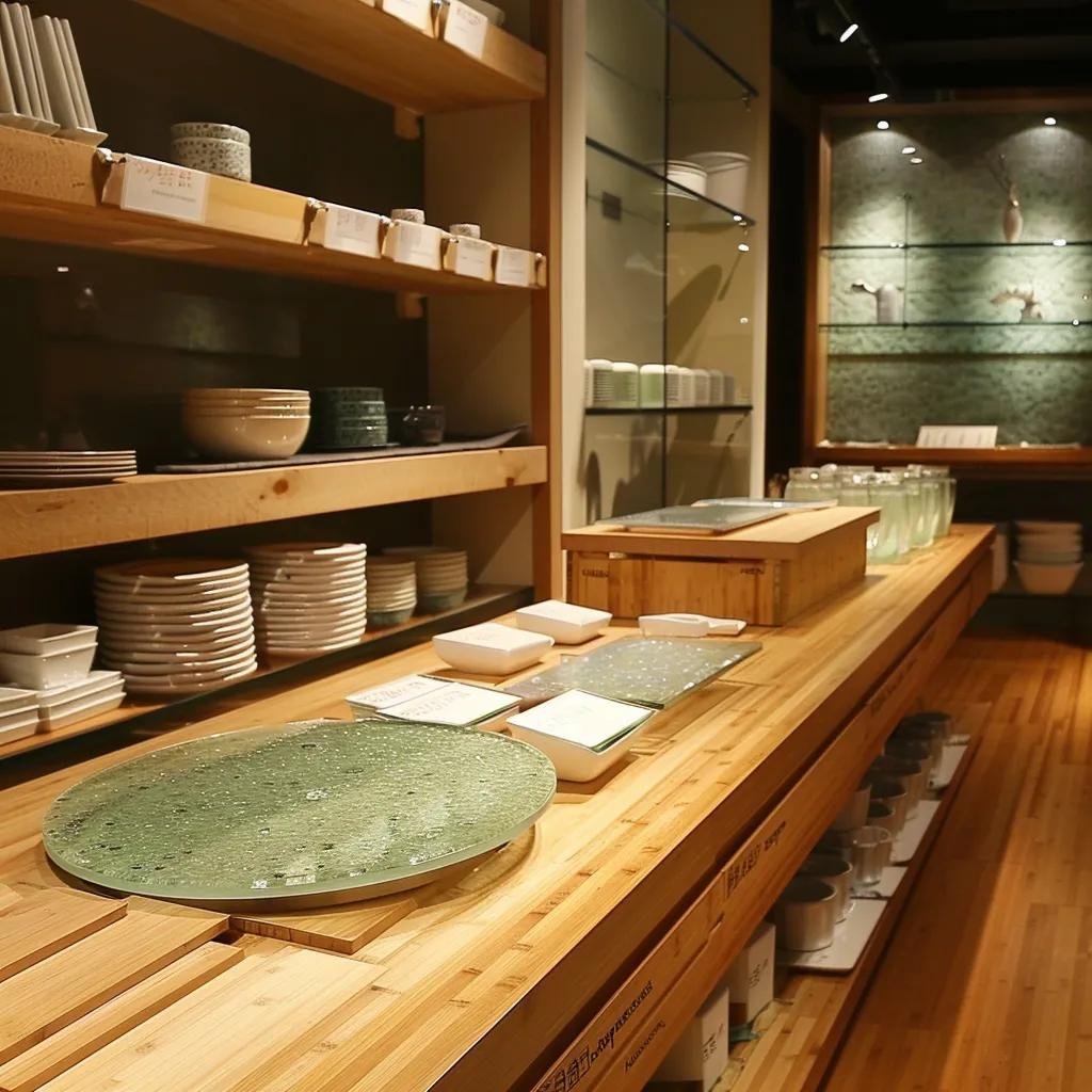 Display of eco-friendly kitchen materials including reclaimed wood and recycled glass countertops