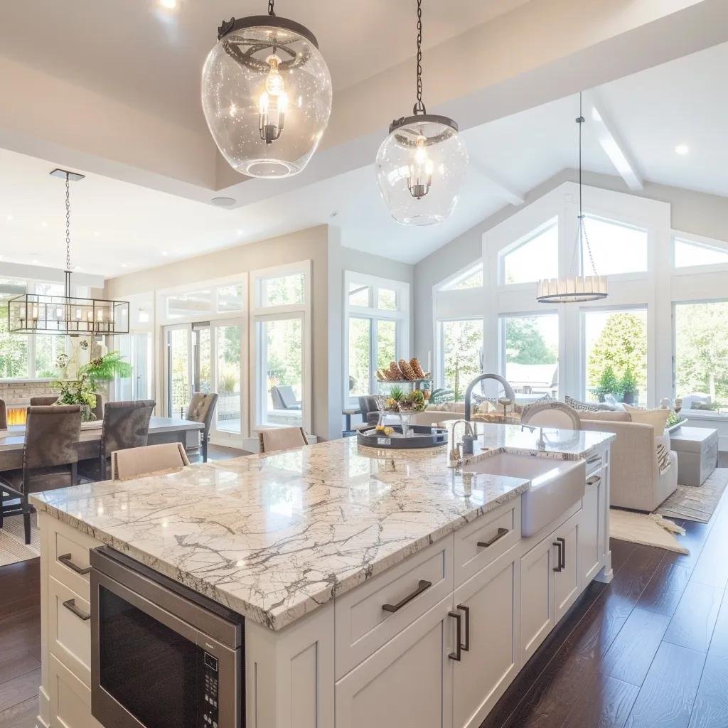Open concept kitchen with large island and natural light, showcasing modern design and spaciousness
