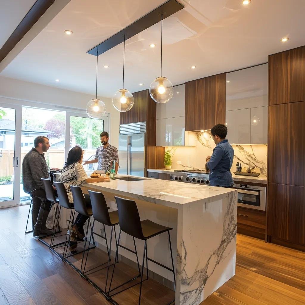 Stylish kitchen island in open concept layout, showcasing functionality and social interaction