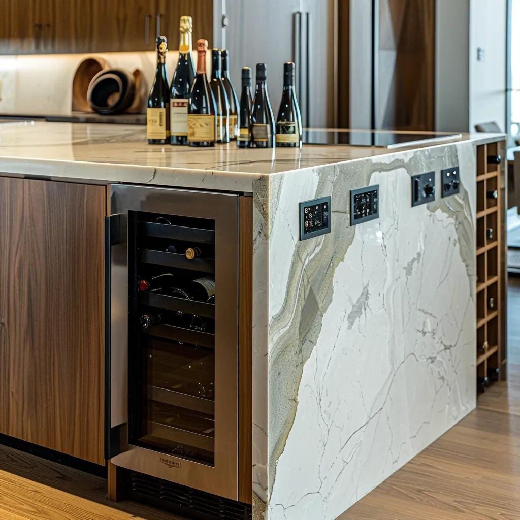 Elegant multi-functional kitchen island with built-in features and waterfall countertop design