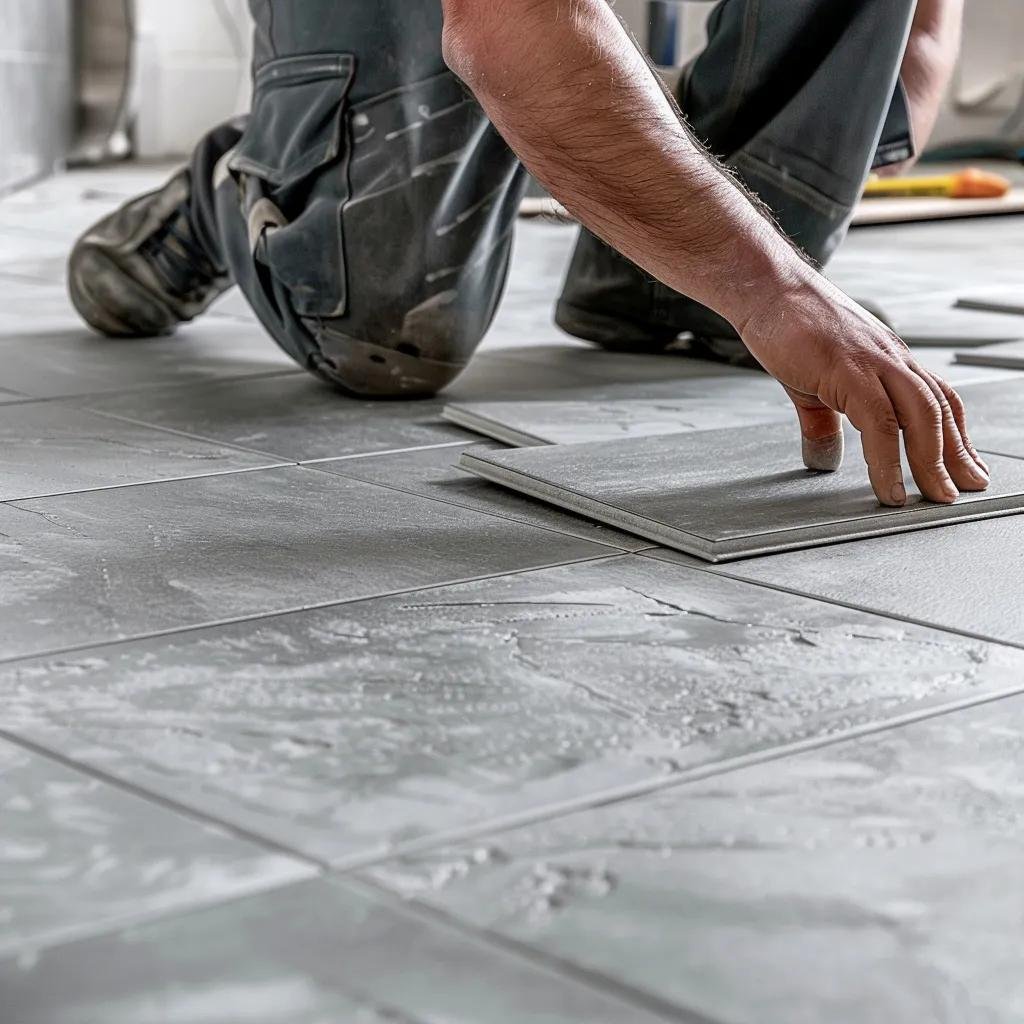 Professional tile installer laying tiles in a kitchen, highlighting the importance of expert installation