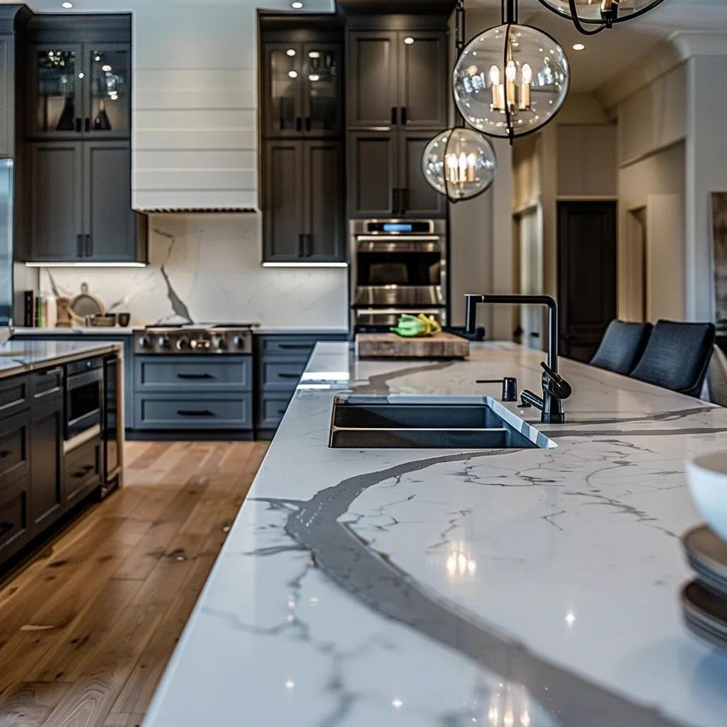 Close-up of luxury kitchen materials including quartz countertops and custom cabinetry, highlighting elegance