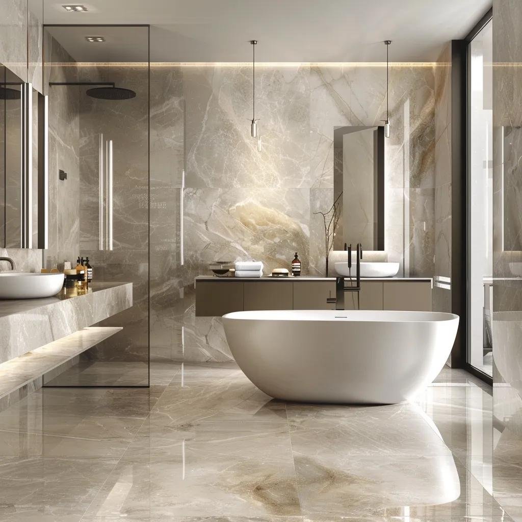 Luxurious bathroom with natural stone tiles highlighting unique veining and textures
