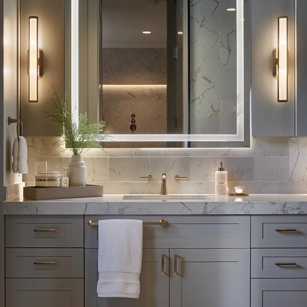 Luxurious bathroom with layered lighting showcasing ambient, task, and accent sources