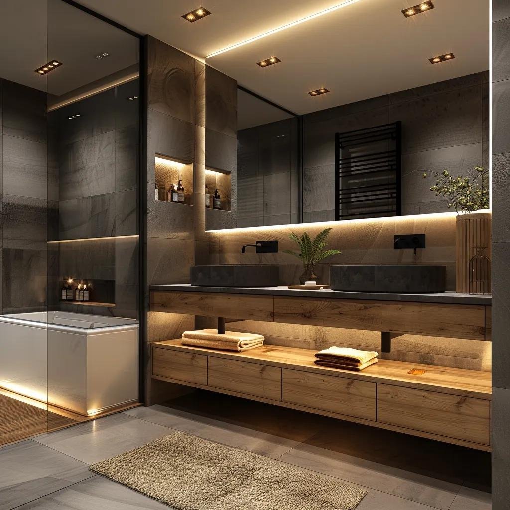 Contemporary bathroom with modern LED and integrated lighting fixtures