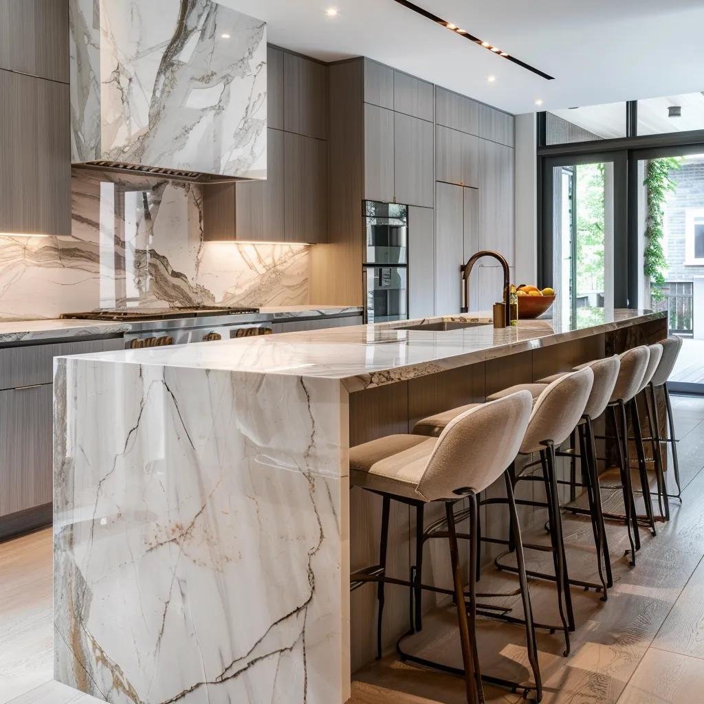 Luxurious marble countertop with waterfall edge and full-height stone backsplash