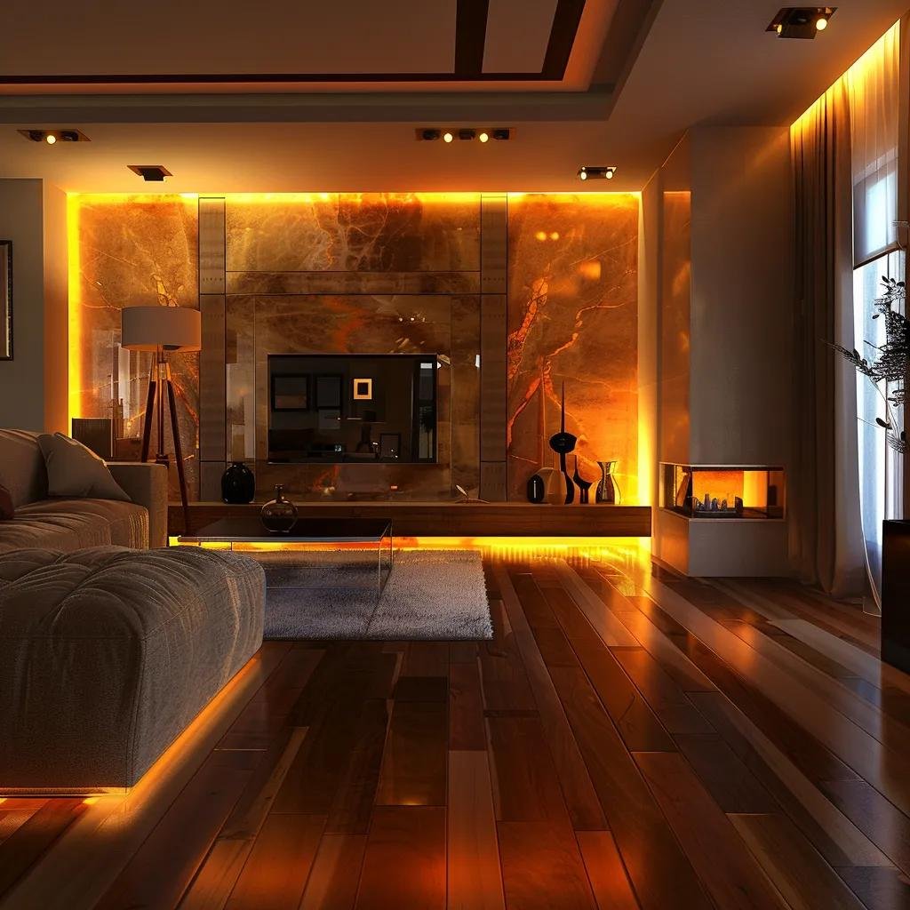 Luxurious living room with various flooring types illuminated by stylish lighting fixtures