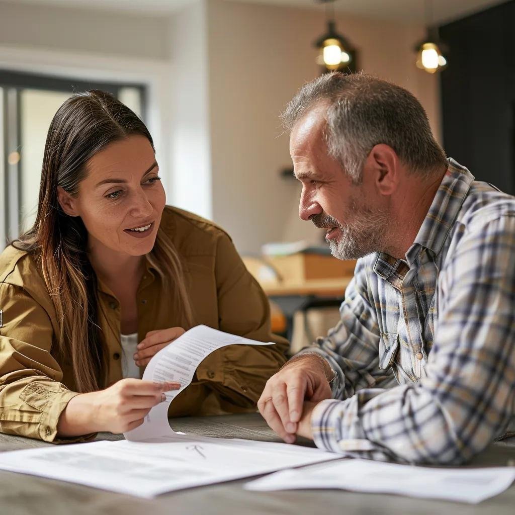 Contractor presenting licensing and insurance documents to a homeowner
