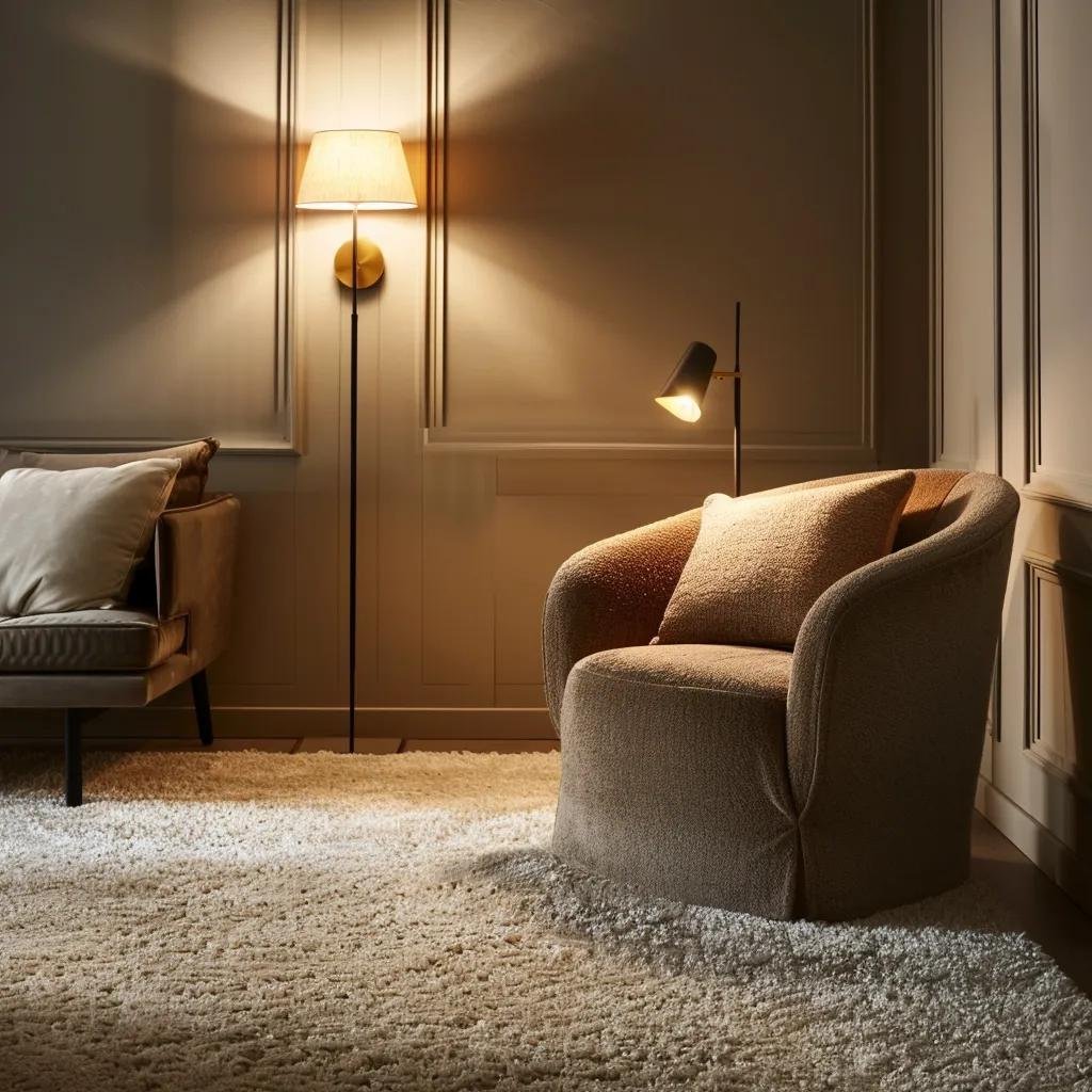 Cozy living space with plush carpet illuminated by warm lighting techniques