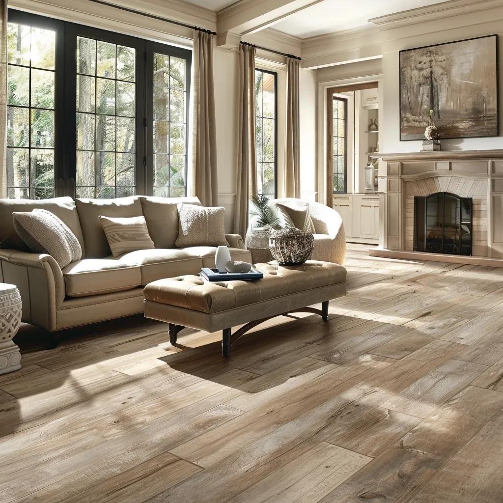Stylish living room with various flooring options for high-traffic areas, highlighting durability and elegance