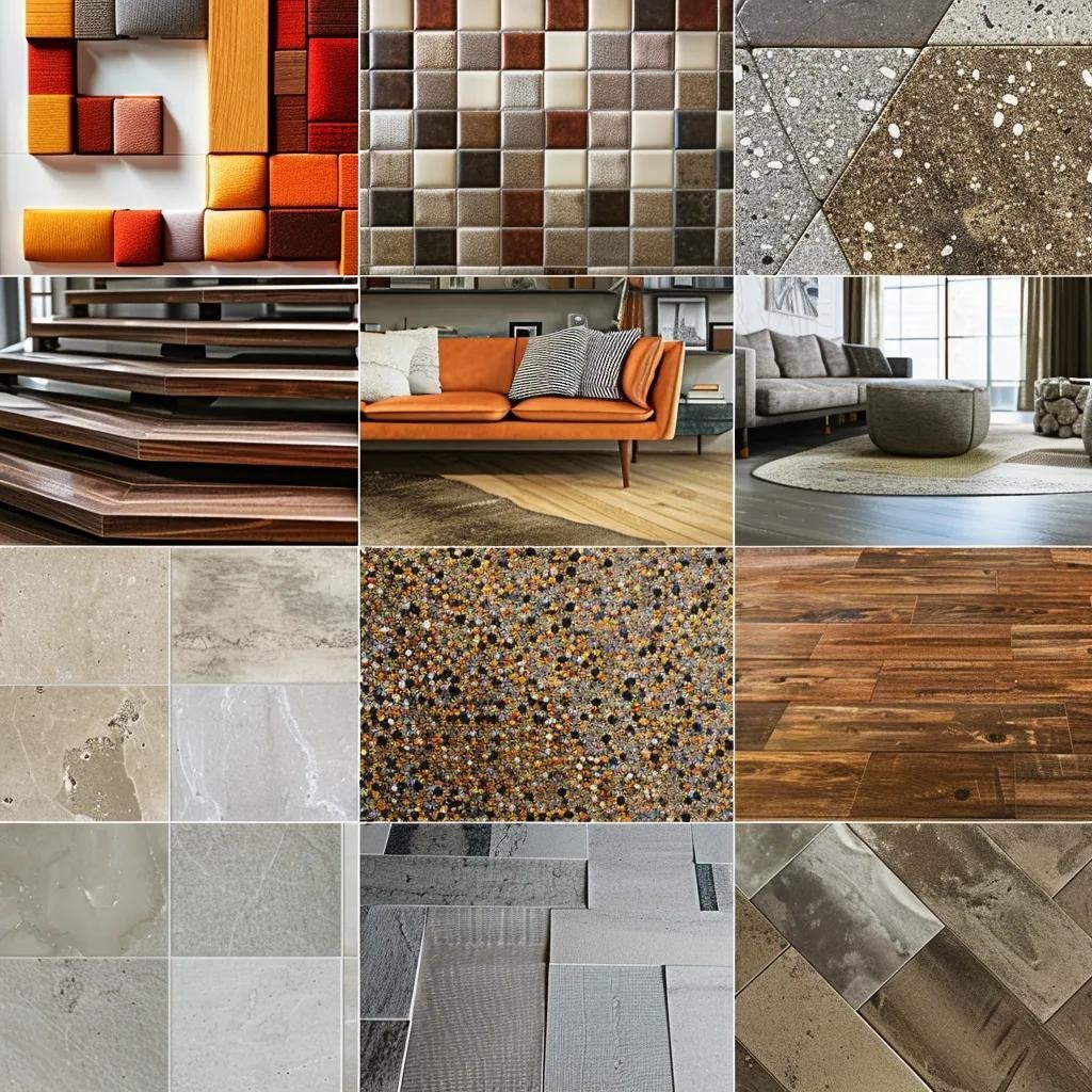 Collage of top flooring choices for high-traffic homes, showcasing various materials and textures