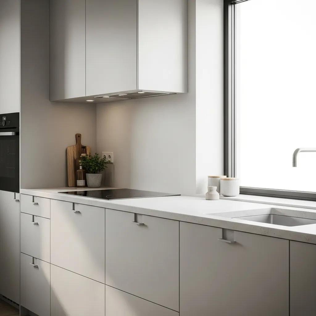 Functional Scandinavian kitchen featuring clean lines, integrated storage, pale cabinetry, and natural light, emphasizing minimalism and practicality.