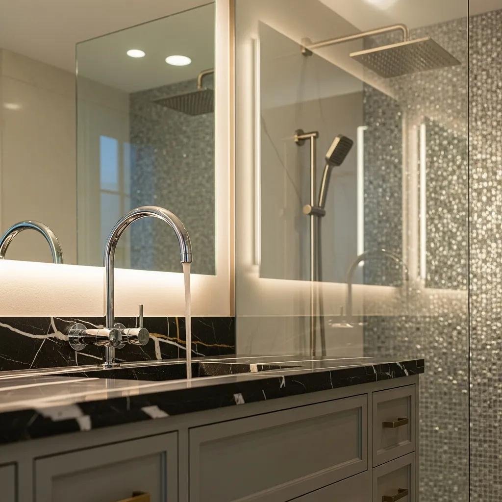 High-end bathroom fixtures with polished chrome faucet and sleek black marble countertop, illuminated by modern lighting, showcasing luxury design elements and contemporary aesthetics.