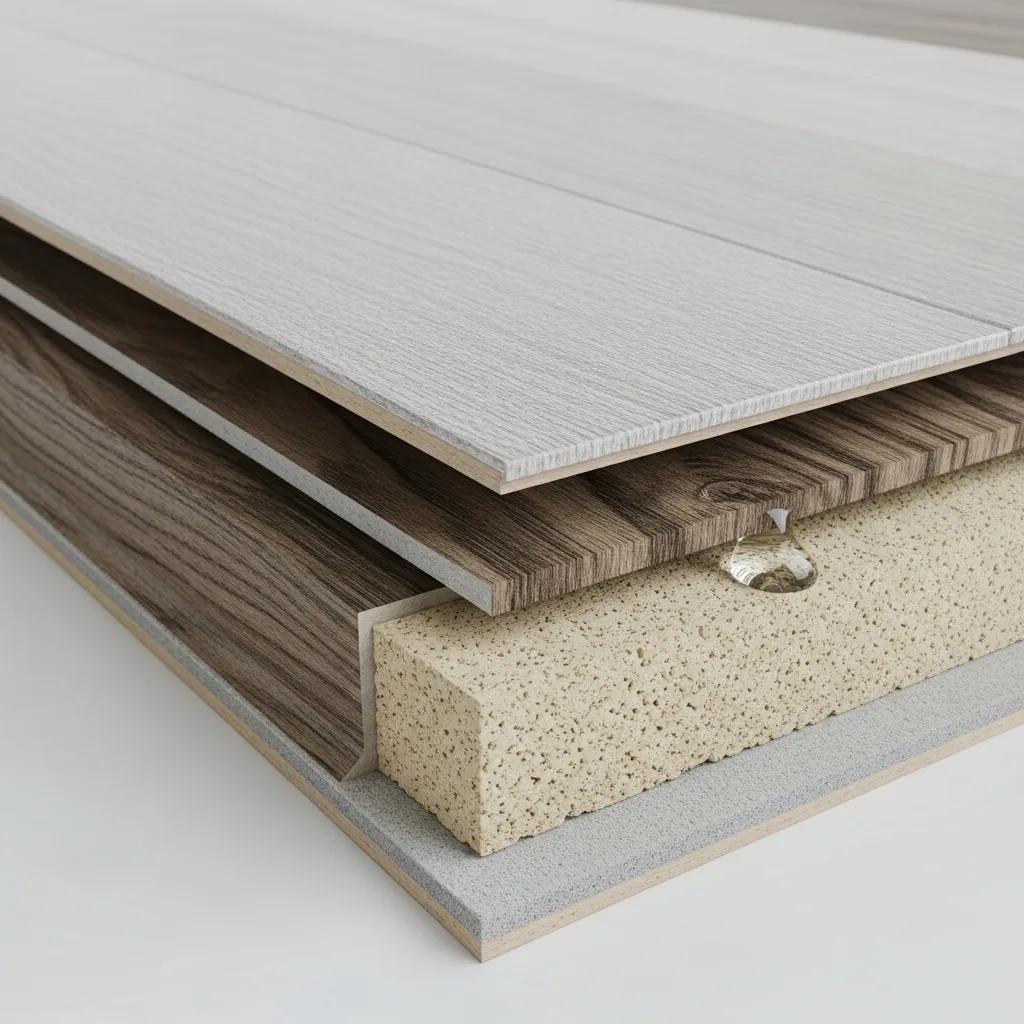 Close-up of luxury vinyl flooring layers, showcasing a thick wear layer, SPC core for durability and water resistance, and a decorative layer with realistic wood visuals, illustrating features essential for high-traffic and moisture-prone areas.