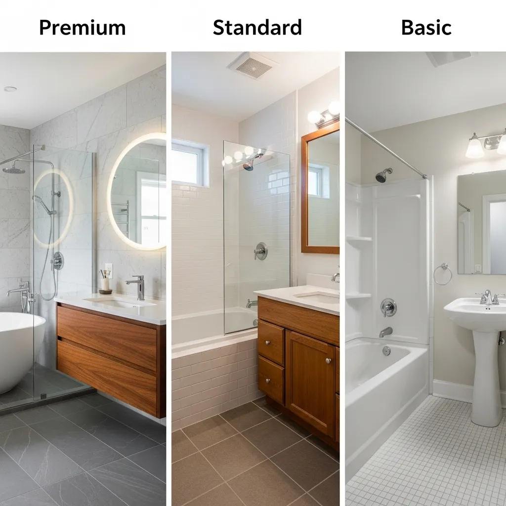 Comparison of three bathroom styles: Premium with modern fixtures and natural materials, Standard featuring a blend of functionality and style, and Basic showcasing essential amenities in a simple layout.