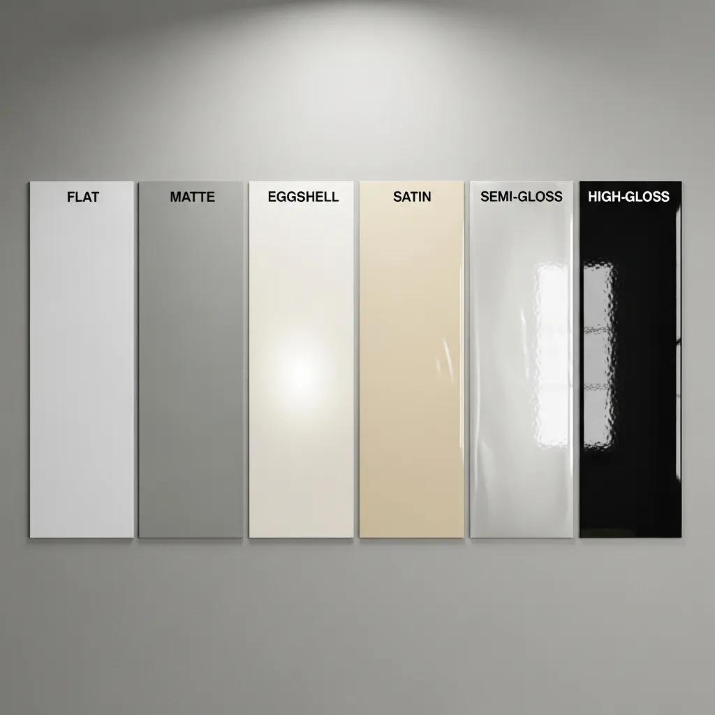 Comparison of various interior paint finishes displayed on a wall, showcasing flat, matte, eggshell, satin, semi-gloss, and high-gloss sheens, emphasizing texture and sheen differences relevant to luxury remodeling choices.