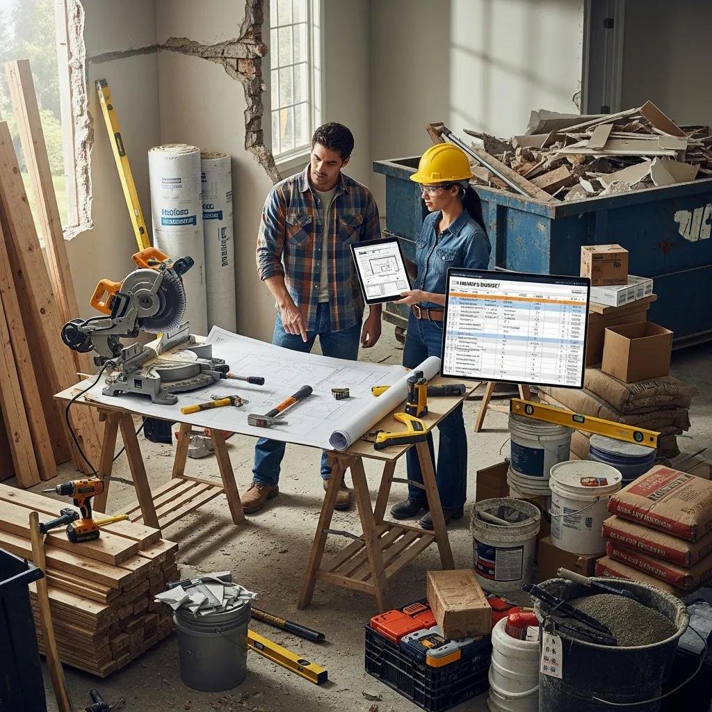 Construction site with two workers discussing remodeling plans and budget on a table, featuring tools, blueprints, and building materials, emphasizing key factors influencing renovation costs.