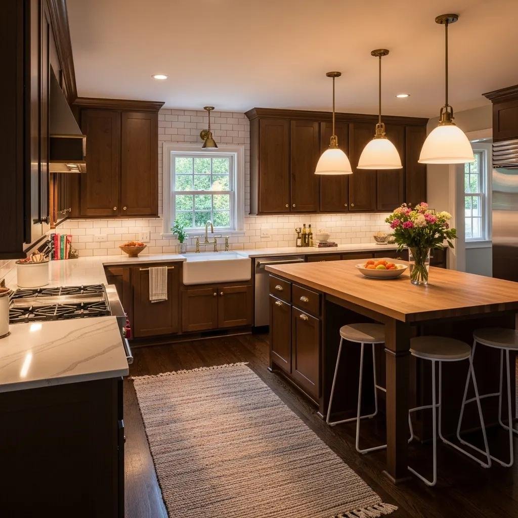 Cozy kitchen remodel featuring high-quality materials, inviting design elements, wooden cabinetry, white subway tile backsplash, and a central island with fruit bowl and flower vase, ideal for luxurious home renovation planning.