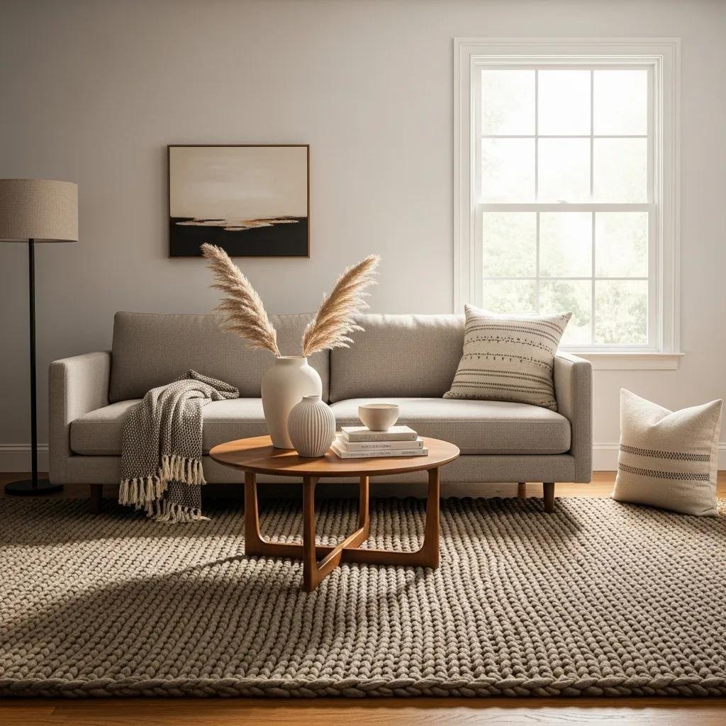 Cozy living space featuring a streamlined sofa with mixed textures, a round wooden coffee table, decorative vases, and a braided rug, emphasizing clean lines and transitional design elements.
