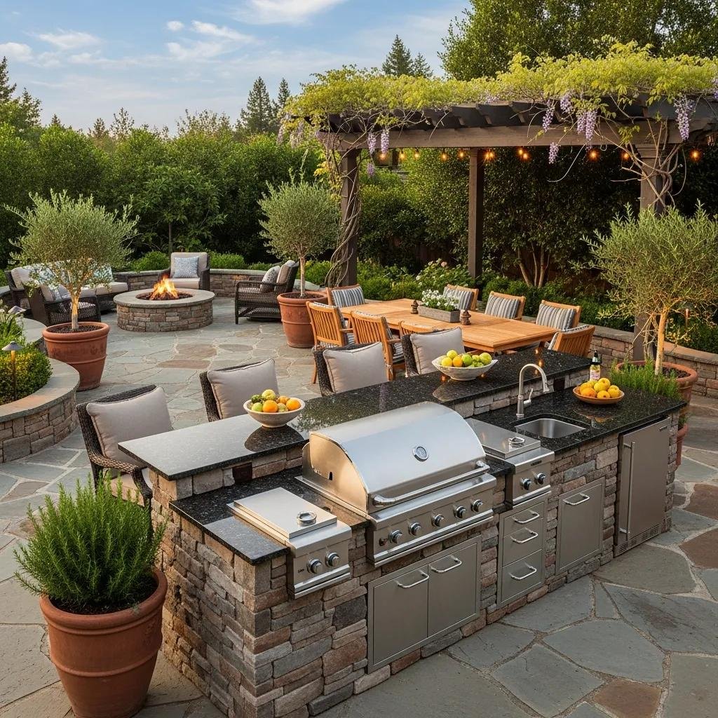 Custom outdoor kitchen with durable appliances and inviting dining area for entertaining