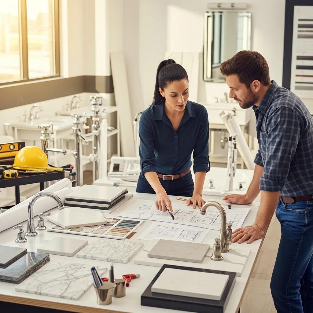Designer and contractor collaborating over luxury bathroom remodeling plans, surrounded by materials and samples in a modern workspace.