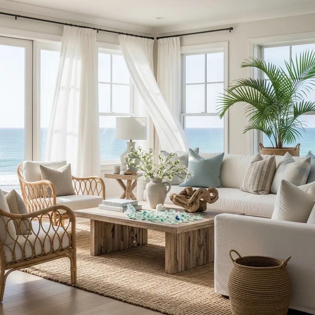 Elegant coastal living room with natural light, soft neutral colors, and luxurious textures, featuring a view of the ocean, wicker chairs, a wooden coffee table with decorative elements, and a serene atmosphere.