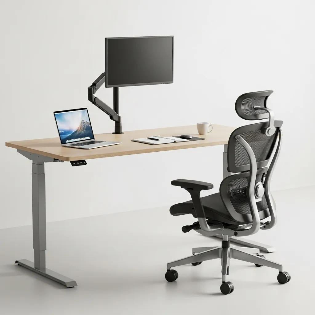 Ergonomic office setup featuring an adjustable desk, task chair with lumbar support, and monitor arm, designed for comfort and efficiency in luxury interiors.