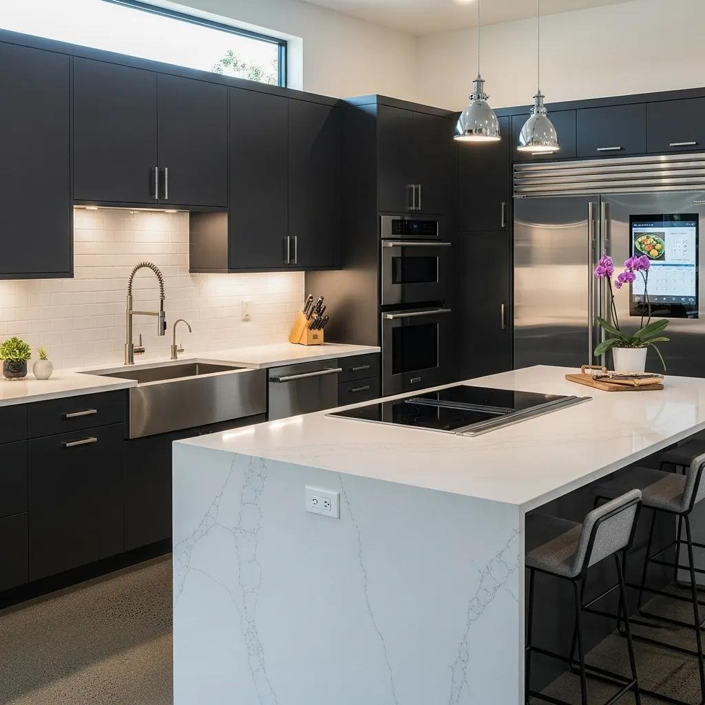 High-end kitchen featuring custom dark cabinetry, premium quartz countertops, integrated appliances, and modern lighting, emphasizing luxury design and functionality.