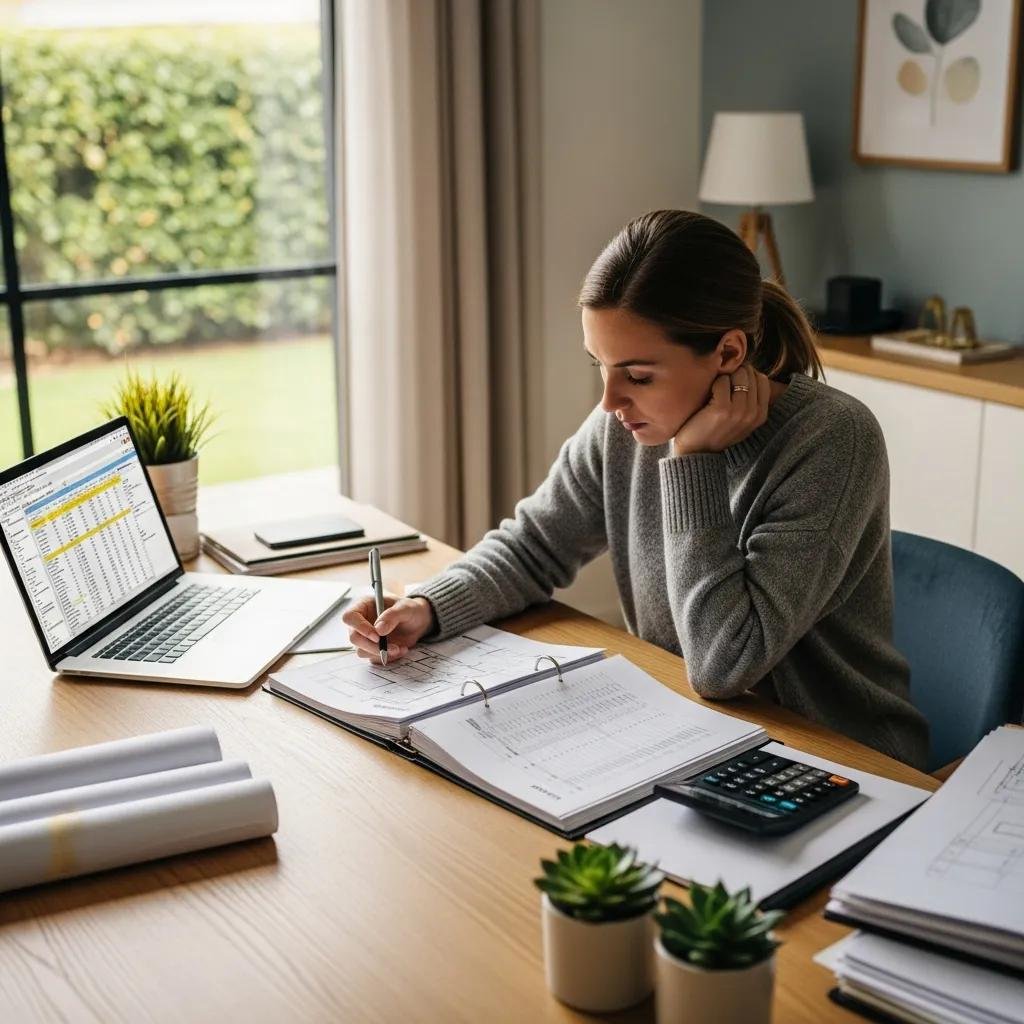 Woman reviewing renovation plans and budgets in a well-organized workspace with a laptop, calculator, and architectural drawings, emphasizing home remodeling planning and budgeting strategies.