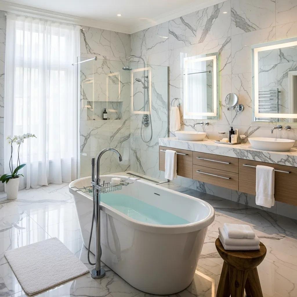 Luxurious bathroom interior featuring a freestanding tub, marble finishes, double sinks, and modern fixtures, ideal for high-end remodeling in Washington D.C.