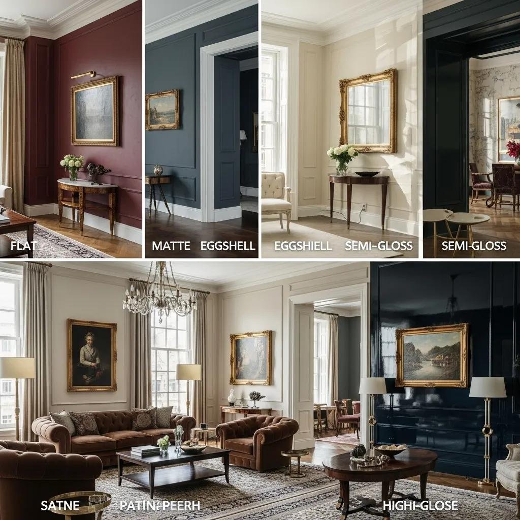 Luxurious interior showcasing various paint finishes, including flat, matte, eggshell, semi-gloss, and high-gloss, highlighting aesthetic appeal and sheen differences in high-end home remodeling.