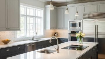 Luxurious kitchen remodel featuring engineered quartz countertops, modern cabinetry, and stylish pendant lighting in a bright, spacious layout.