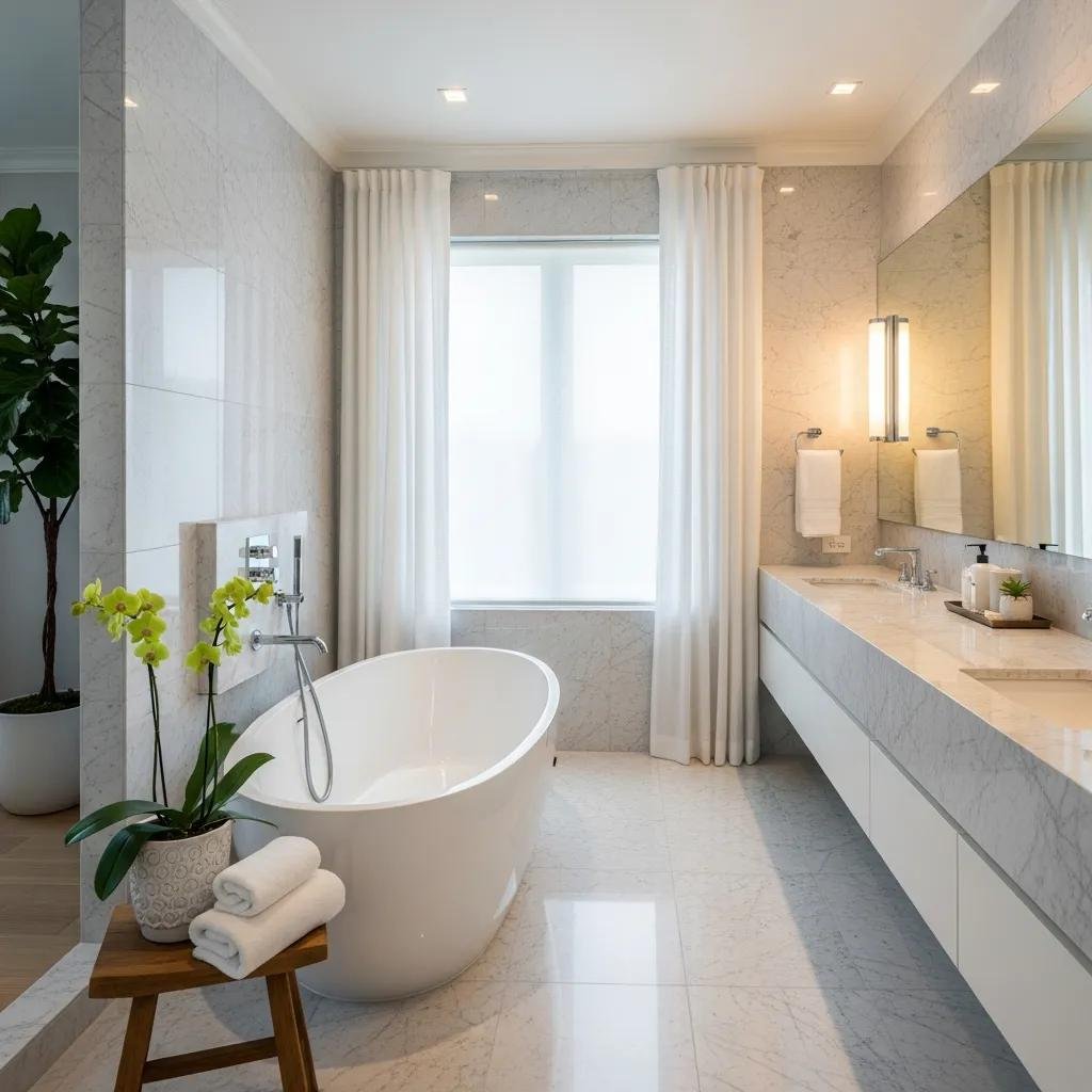 Luxurious master bathroom featuring a freestanding tub, marble finishes, modern fixtures, and natural light from a large window, ideal for high-end home remodeling in the Washington D.C. metro area.