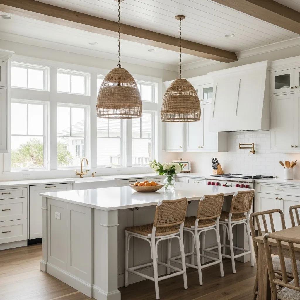 Luxury coastal kitchen featuring white shaker cabinets, quartz countertops, natural light from large windows, and woven pendant lighting, complemented by a central island with a bowl of oranges and rattan bar stools.
