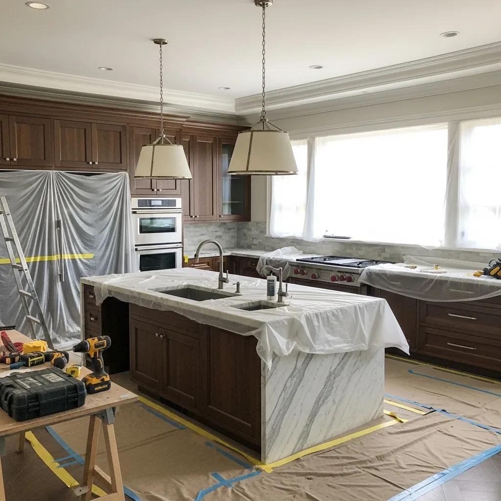 Luxury kitchen renovation scene with modern cabinetry, marble island, construction tools, and protective coverings, illustrating a home remodeling project while living in the space.