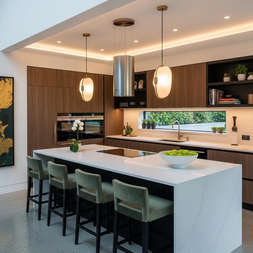 Luxury kitchen design featuring quartz countertops, custom cabinetry, and a spacious layout with modern pendant lighting and a central island, ideal for high-end renovations in the Washington D.C. metro area.
