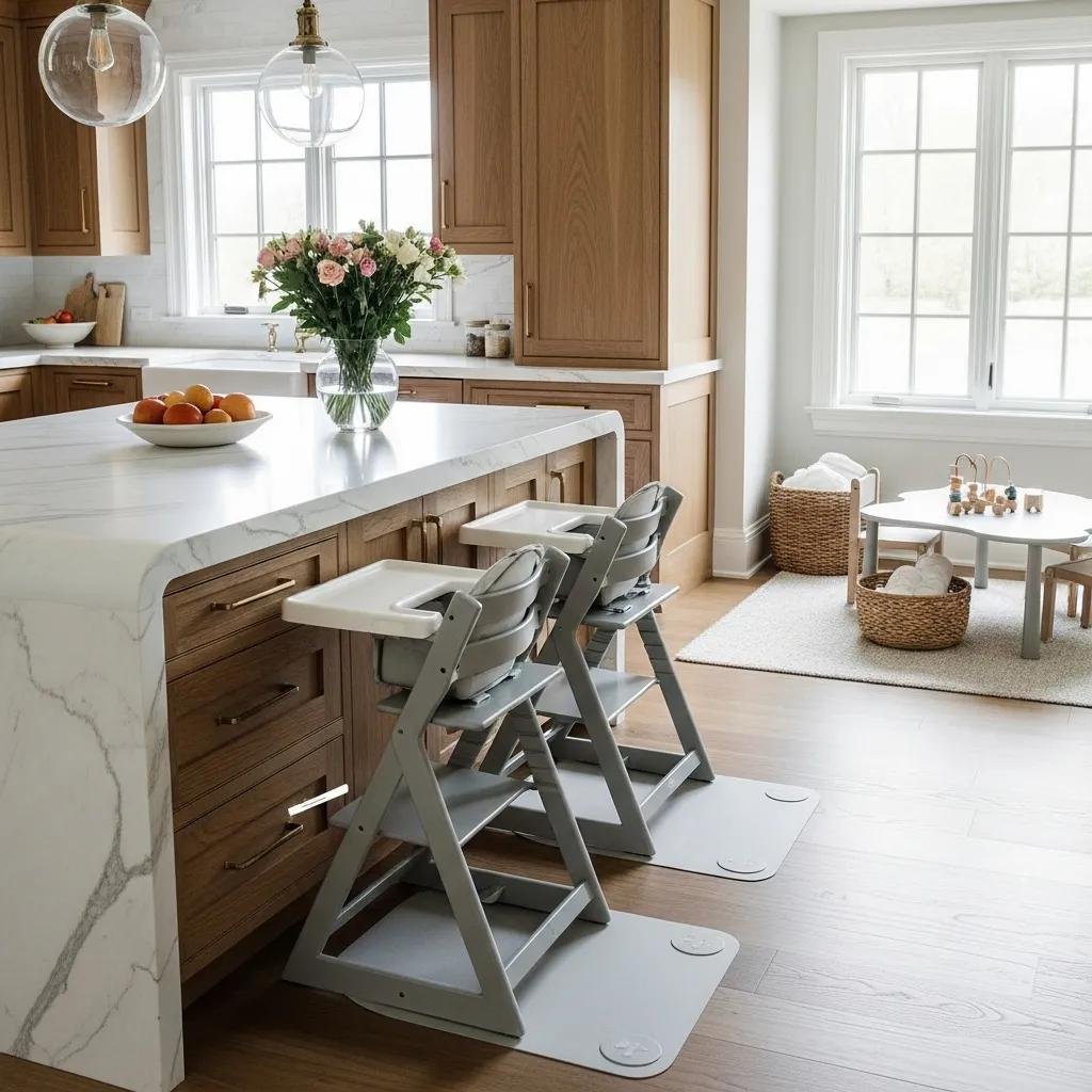 Luxury kitchen interior featuring childproofing elements like soft-close cabinets, rounded countertops, and high chairs, emphasizing stylish safety for families.
