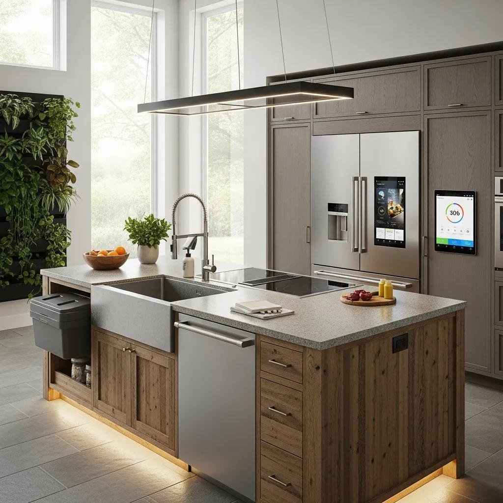 Modern luxury kitchen with smart-home controls and sustainable finishes