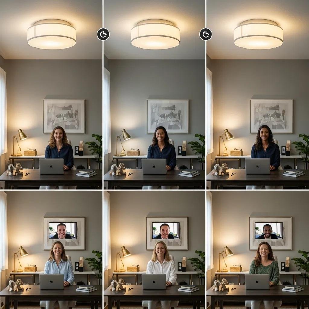 Modern home office featuring smart lighting, ergonomic desk setup, and a woman at a laptop, illustrating focus and ambiance in a luxury interior design context.