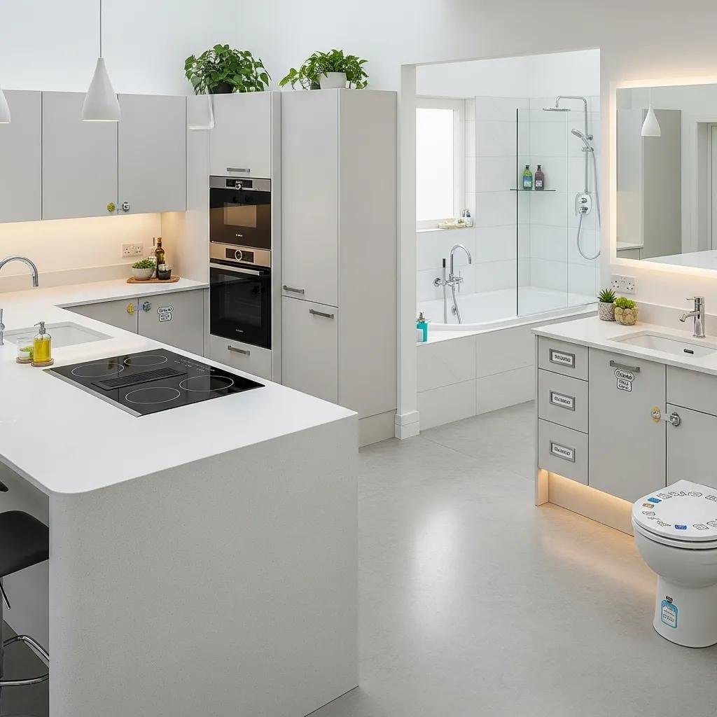 Modern kitchen and bathroom featuring child safety elements such as secure storage, anti-scald fixtures, and a sleek, low-emission design with engineered quartz countertops and textured surfaces.