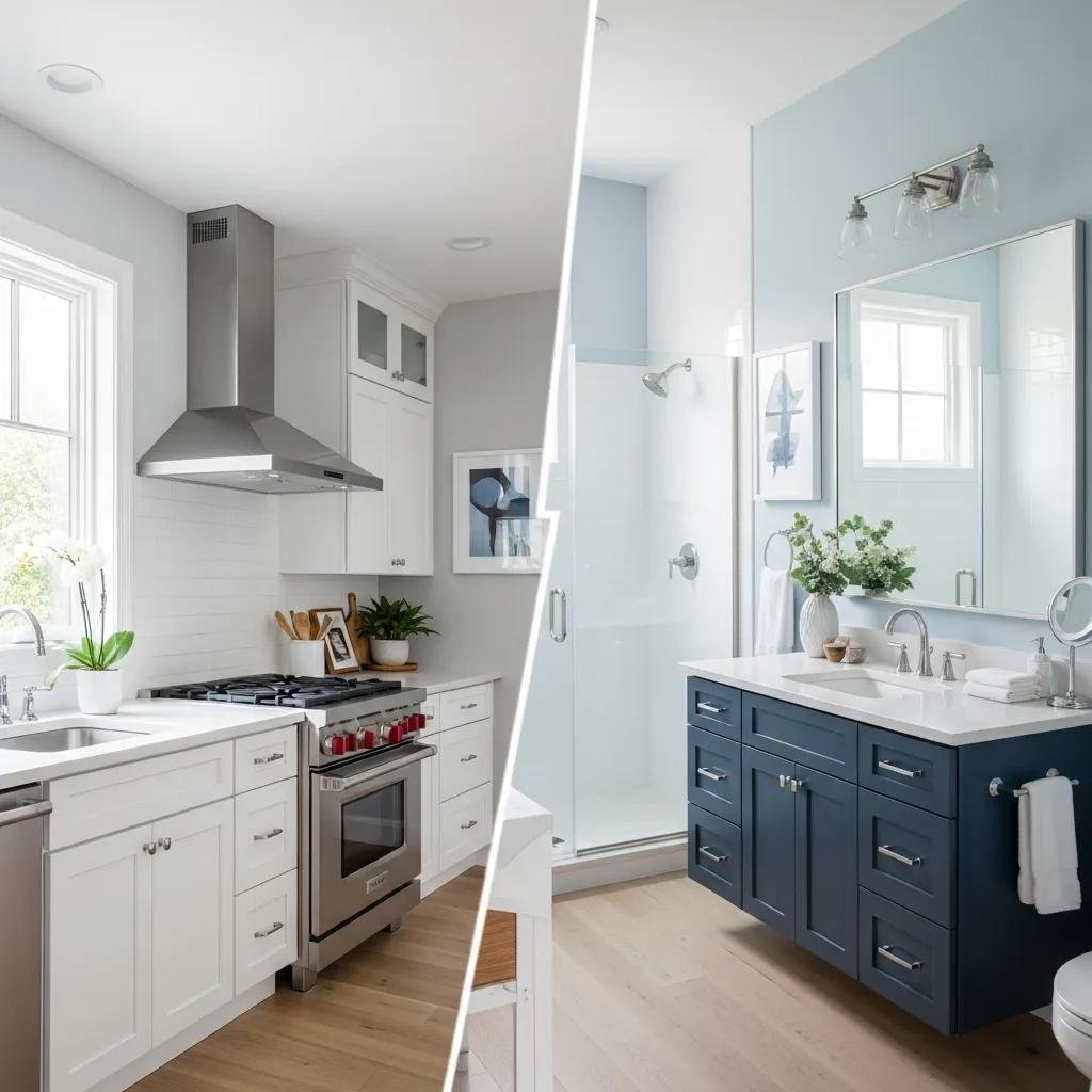 Modern kitchen and bathroom showcasing sleek cabinetry, stainless steel appliances, and a clean aesthetic, emphasizing the use of satin and semi-gloss paint finishes for moisture resistance and easy cleanability.