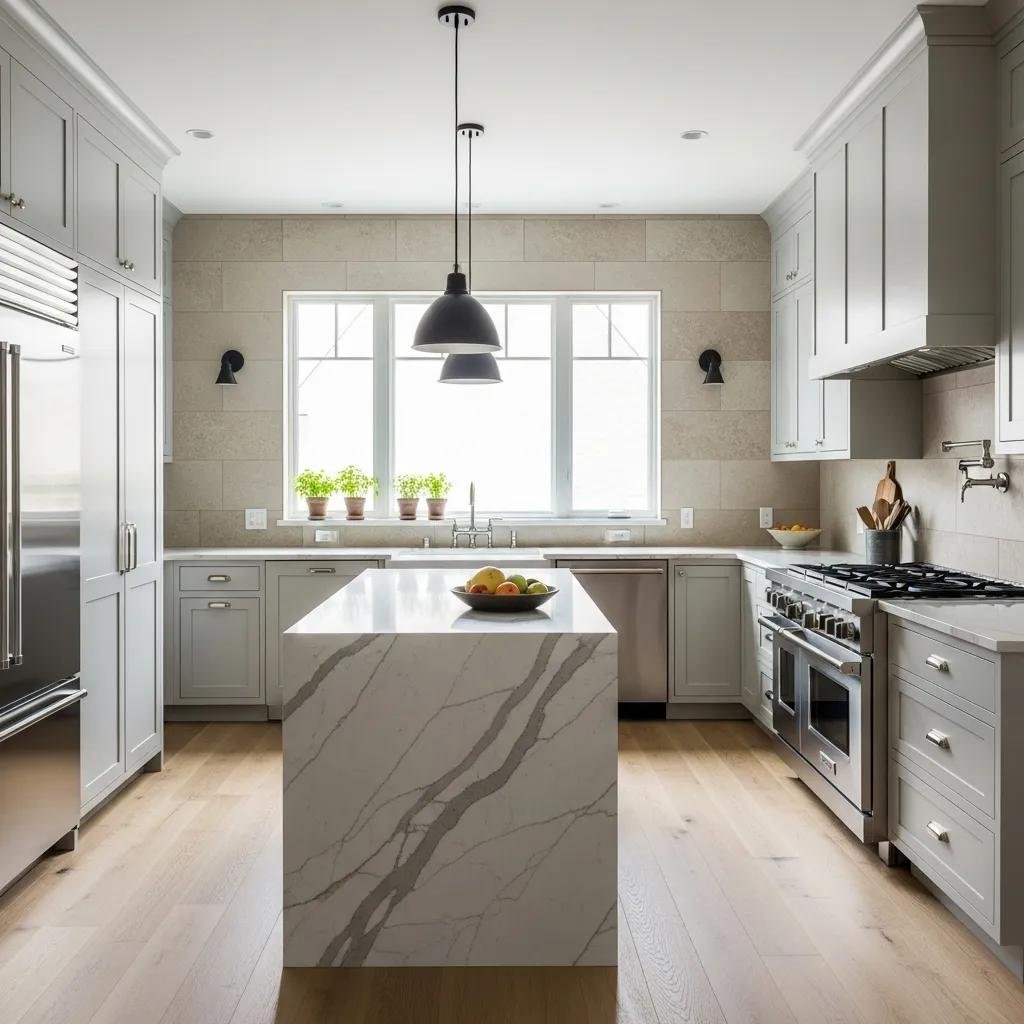 Modern kitchen featuring shaker cabinetry, a minimalist design with a marble-look island, pendant lighting, and natural light from large windows, reflecting transitional design principles.