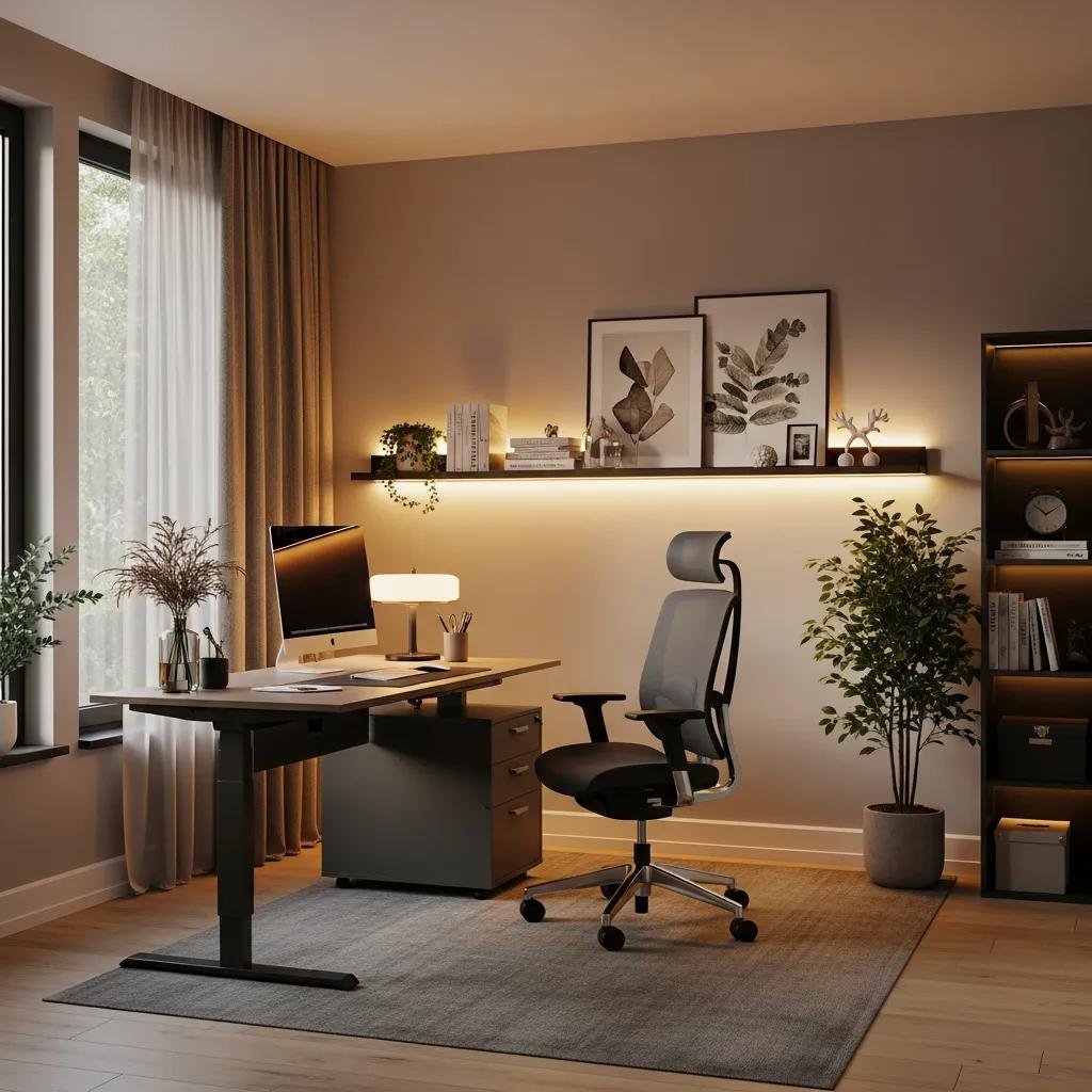 Modern luxury home office featuring ergonomic furniture, layered lighting, and greenery, designed for productivity and comfort.