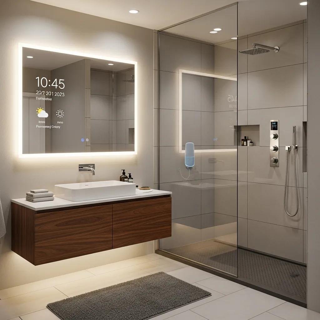 Modern smart bathroom featuring an illuminated mirror with integrated technology, sleek floating vanity with a minimalist design, and a glass-enclosed shower with advanced fixtures, emphasizing luxury and sustainability in bathroom remodeling.