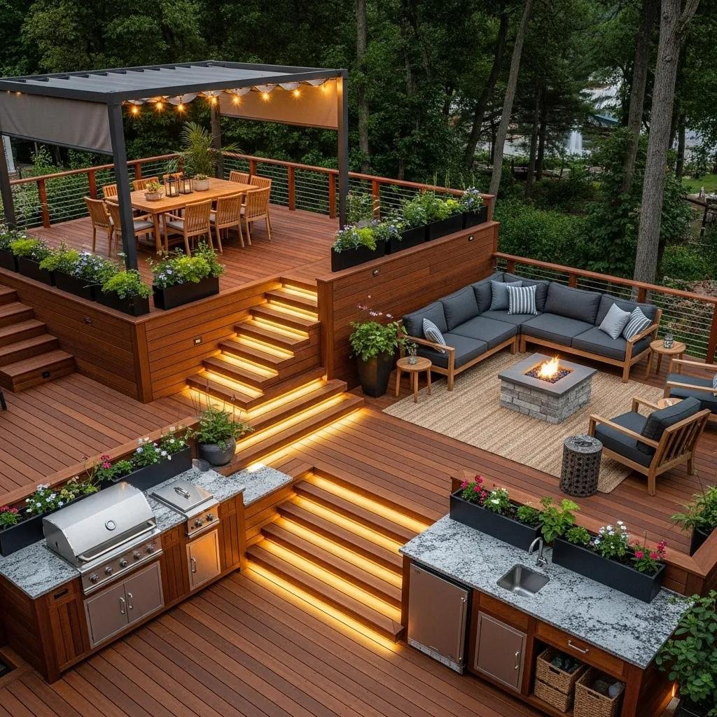 Multi-level deck with distinct dining and lounge zones enhancing outdoor living