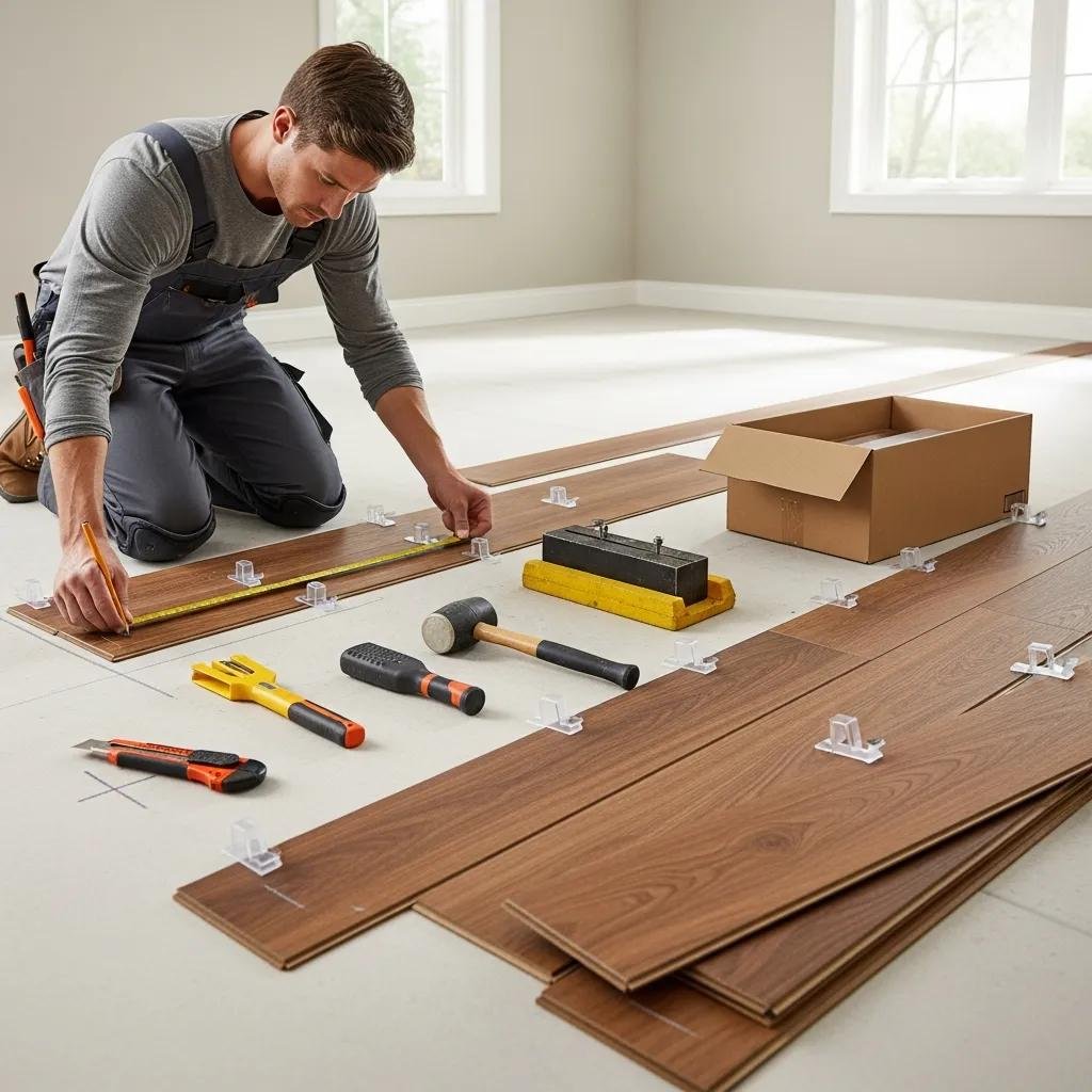 Professional installer preparing subfloor for luxury vinyl plank (LVP) flooring installation, using tools like a measuring tape, hammer, and utility knife, with planks and a box of materials arranged on the floor.